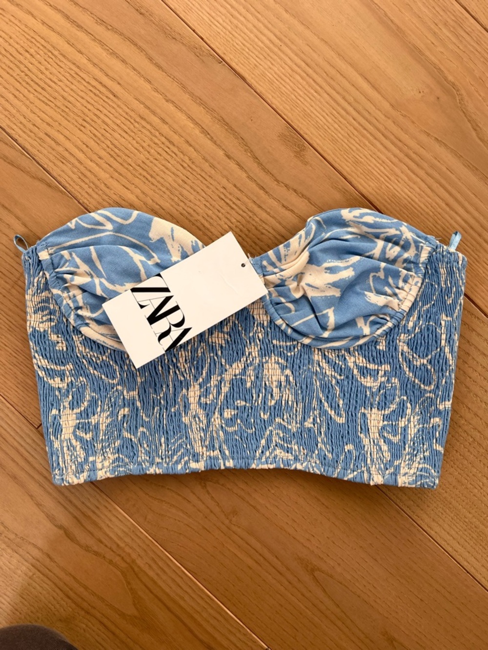 Zara Blue & White Smocked Bustier Crop Top